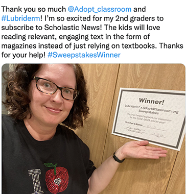A photo of a Tweet from a teacher posting her classroom adoption certificate from Lubriderm.