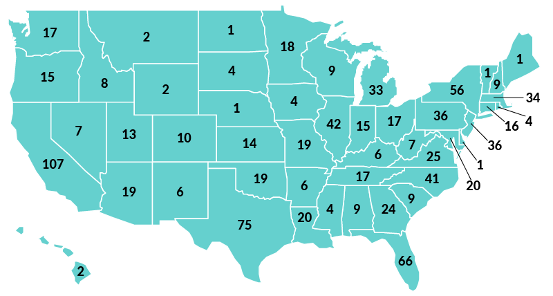 A map of the United States that states how many classrooms Lubriderm adopted in each state.