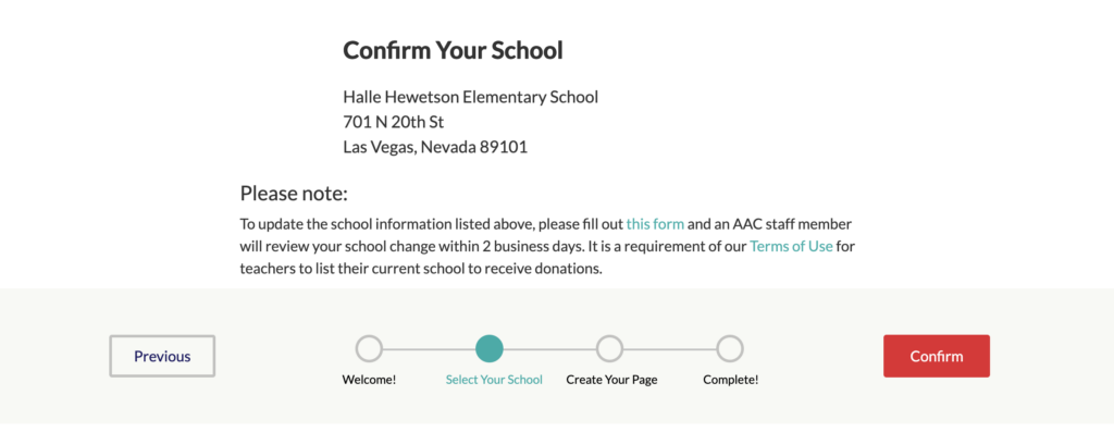 Screenshot of the AdoptAClassroom.org "Confirm Your School" screen.