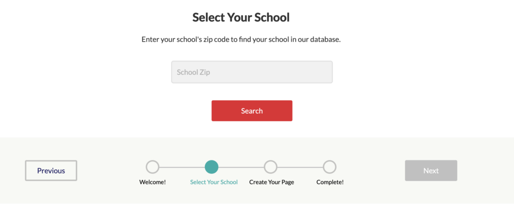 Screenshot of the AdoptAClassroom.org "Select Your School" screen.