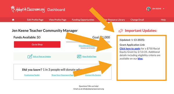 Screenshot of the AdoptAClassroom.org Dashboard with gold arrows and a gold box highlighting the Important Updates section on the right of the screen.